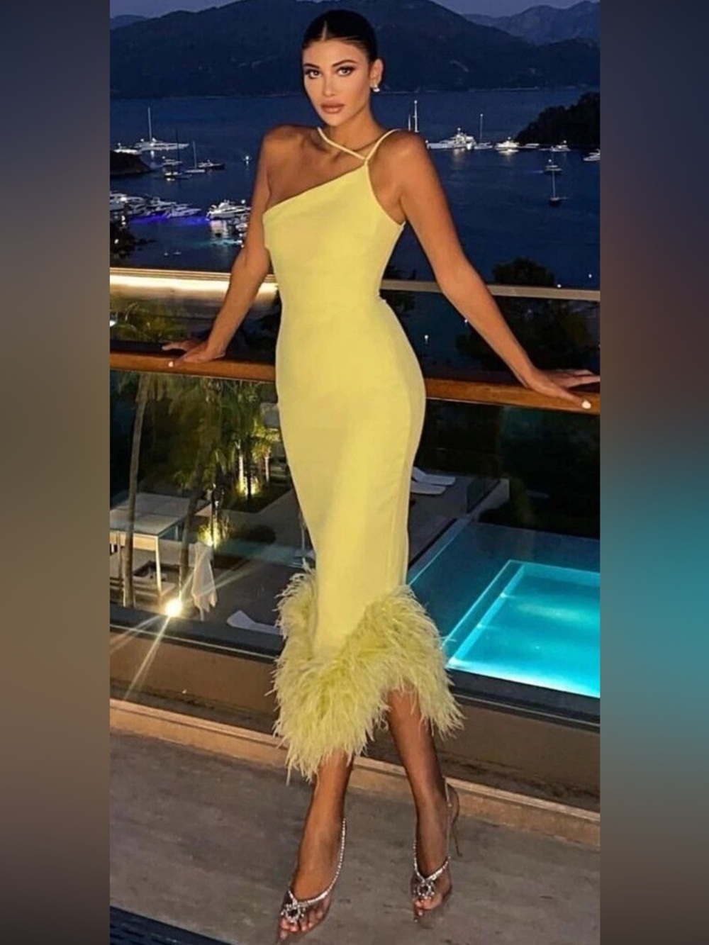 HOUSE OF CB Alessia Lime Asymmetric Feather Trim Midi Dress/Small $329